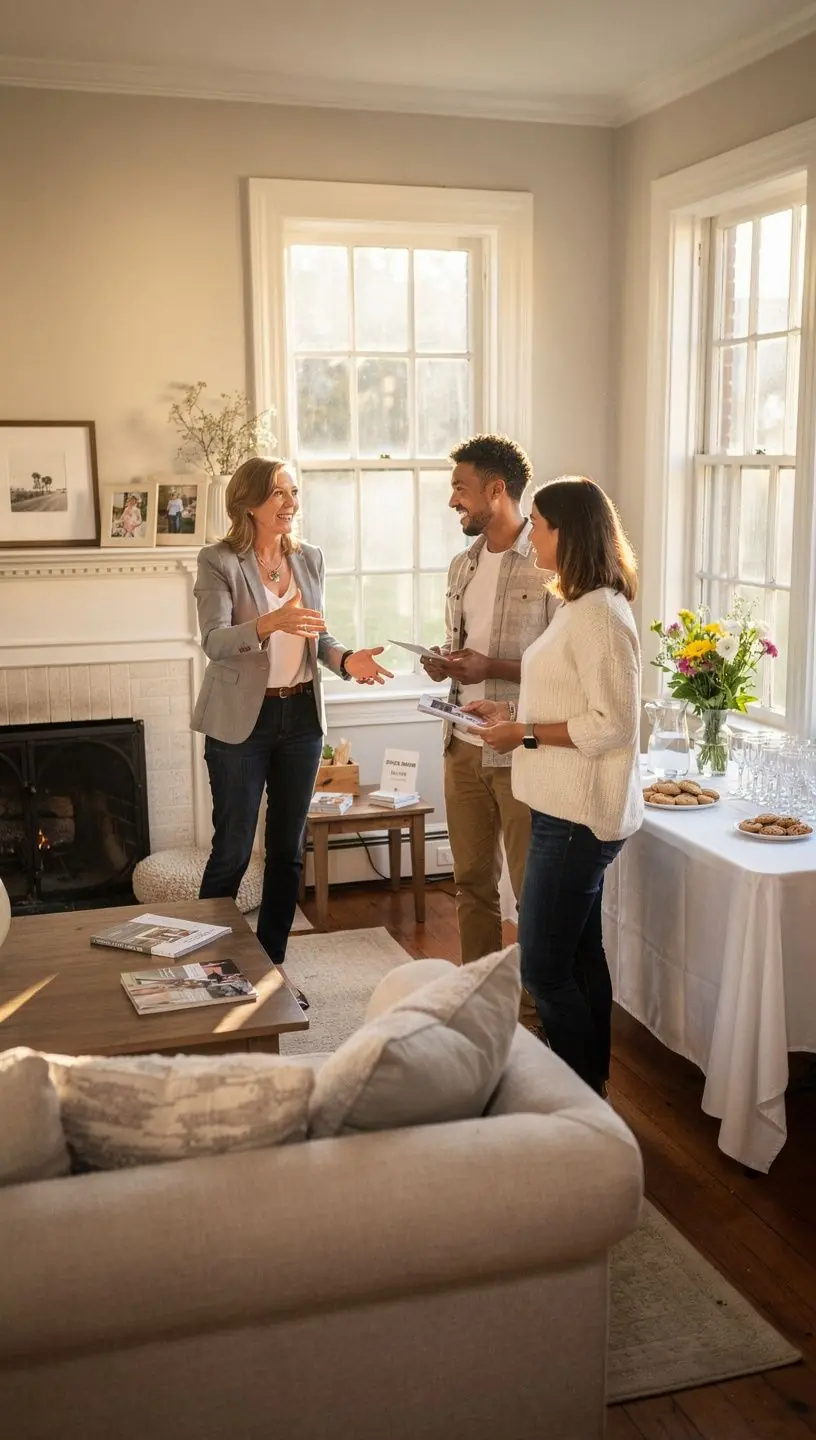 Widok na urokliwą uliczkę z drzewami i stylowymi domami w amerykańskim stylu.