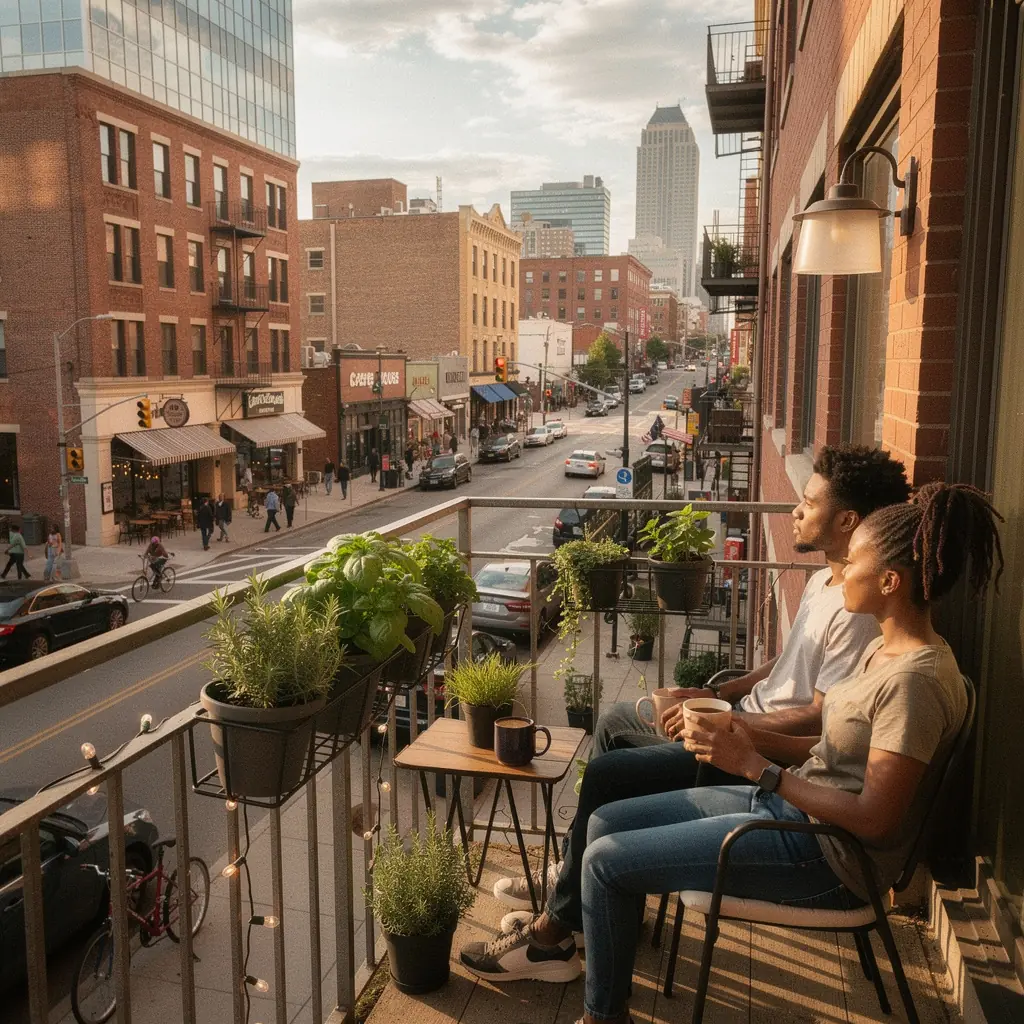 Widok na plac zabaw w sąsiedztwie, pełen dzieci bawiących się na świeżym powietrzu.