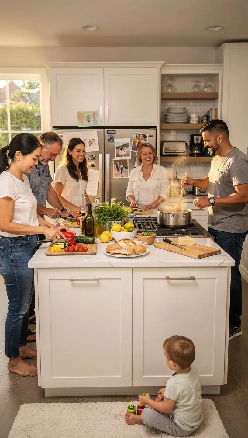 Grupa ludzi spacerujących po sąsiedztwie, cieszących się dostępnością lokalnych udogodnień.
