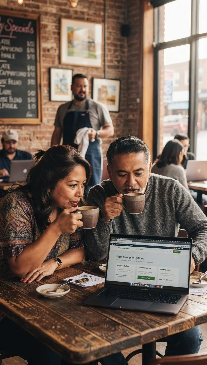 Kobieta z dziećmi przeglądająca oferty ubezpieczeń na laptopie.
