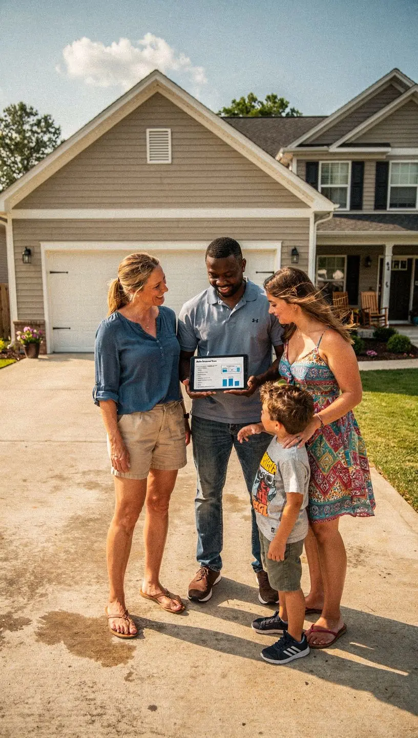 Wielu członków rodziny stojących obok dwóch samochodów, planujących zakup ubezpieczenia.