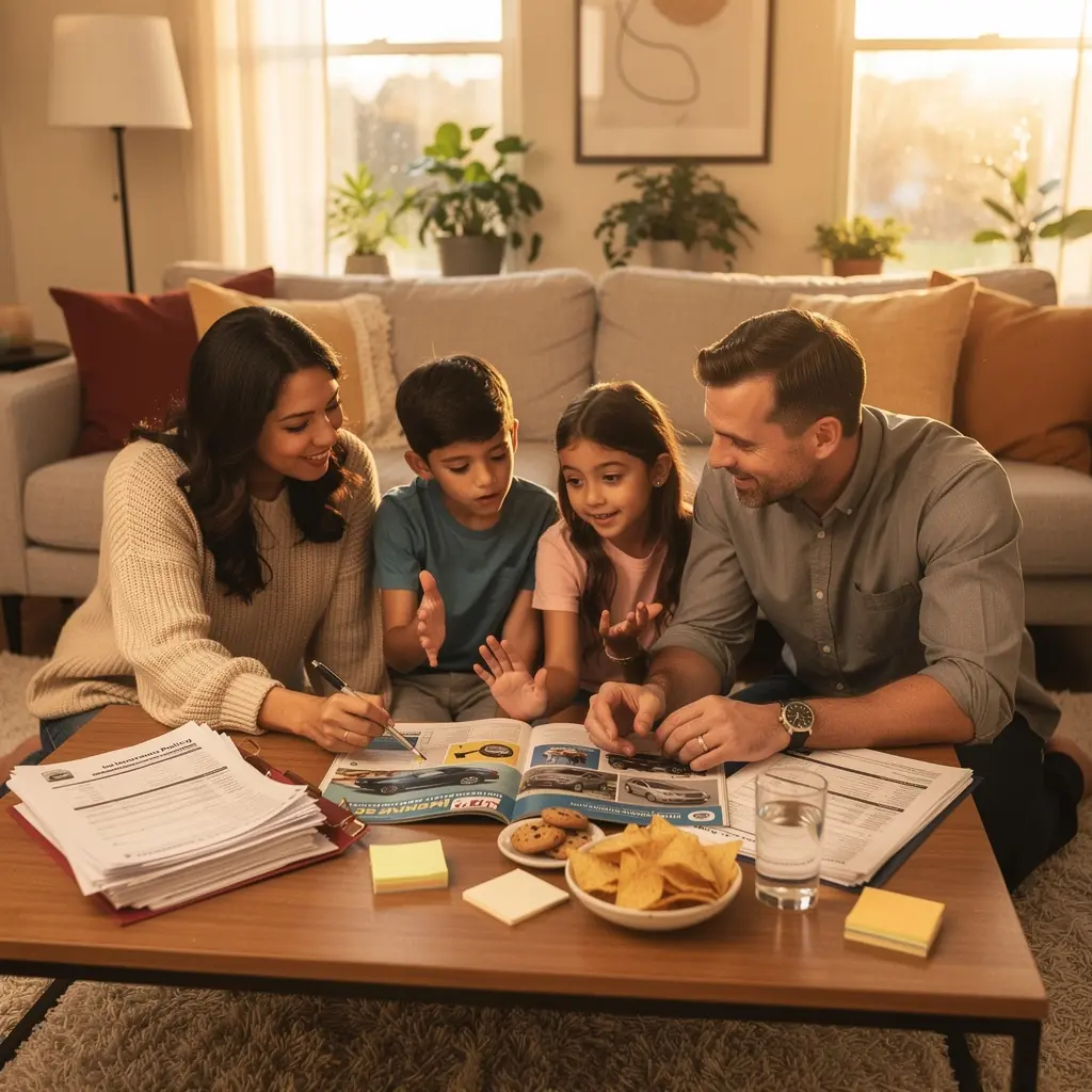 Rodzina rozmawiająca o ubezpieczeniach samochodowych przy stole.