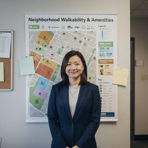 Zbliżenie na lokalne udogodnienia, takie jak sklepy, parki i restauracje w pobliżu mieszkań.